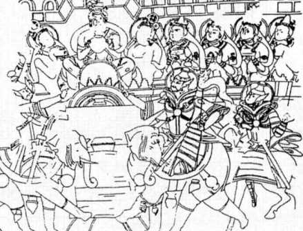 نگاره‌ای یافت شده در کومتورا که صحنه‌ی جنگ سربازان را هم‌چون تصاویر شاهنامه‌ی بایسنقری به تصویر  کشیده است